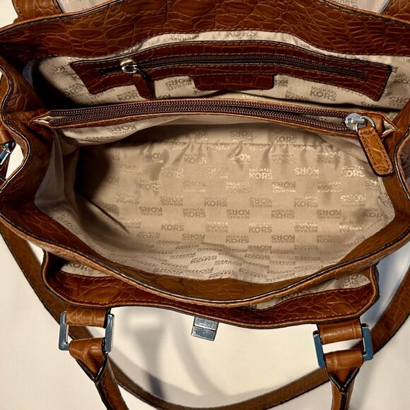 MICHAEL Michael Kors Sloan Croc Embossed Mocha Leather Silver Shoulder Satchel - Picture 14 of 15